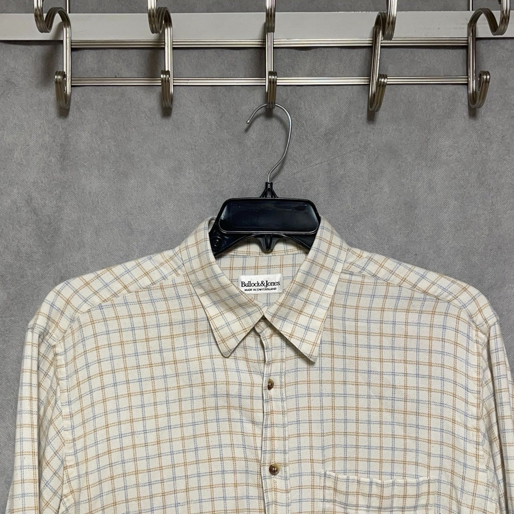Bullock & Jones Shirt Men L Cream Check Flannel Button Up Switzerland Casual